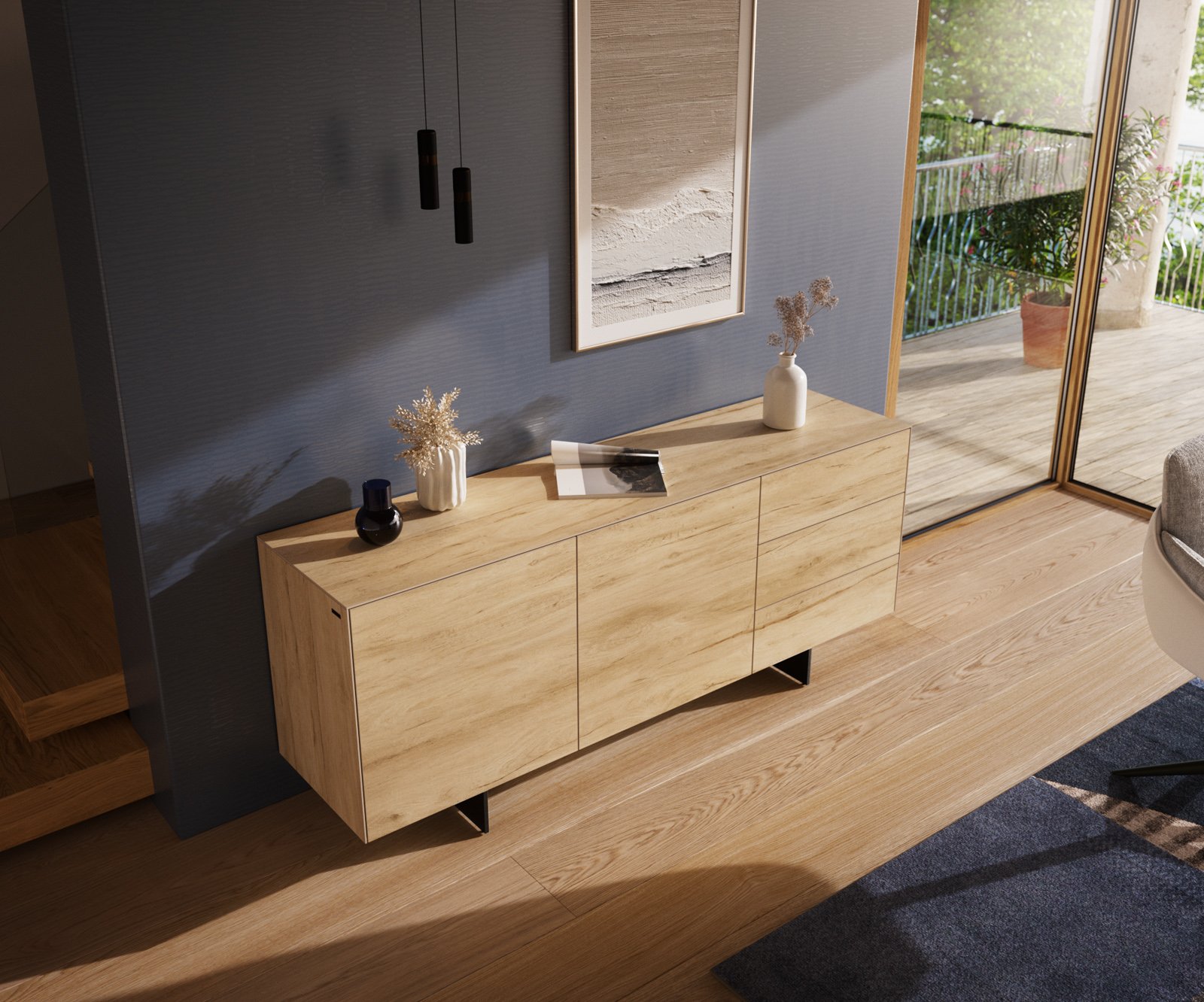 Komoda Cuor 180 cm keramika Laminam® sabbia dubová farba 2 dvierka 3 zásuvky podstava závesná kov čierna - Image 4