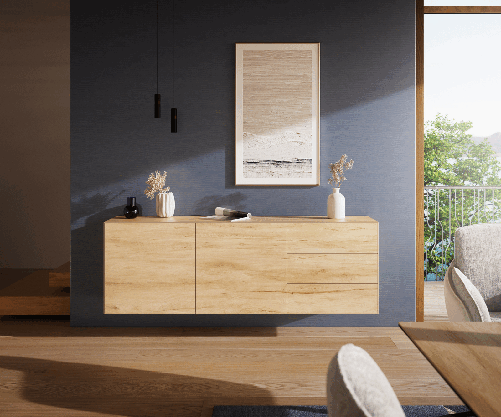 Komoda Cuor 180 cm keramika Laminam® Sabbia dubová farba 2 dvierka 3 zásuvky závesná - Image 2