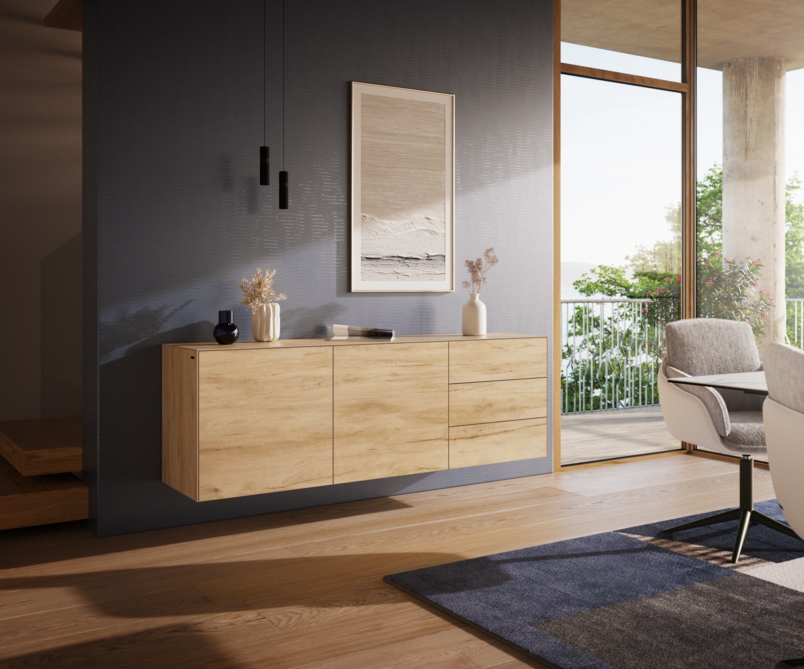Komoda Cuor 180 cm keramika Laminam® Sabbia dubová farba 2 dvierka 3 zásuvky závesná