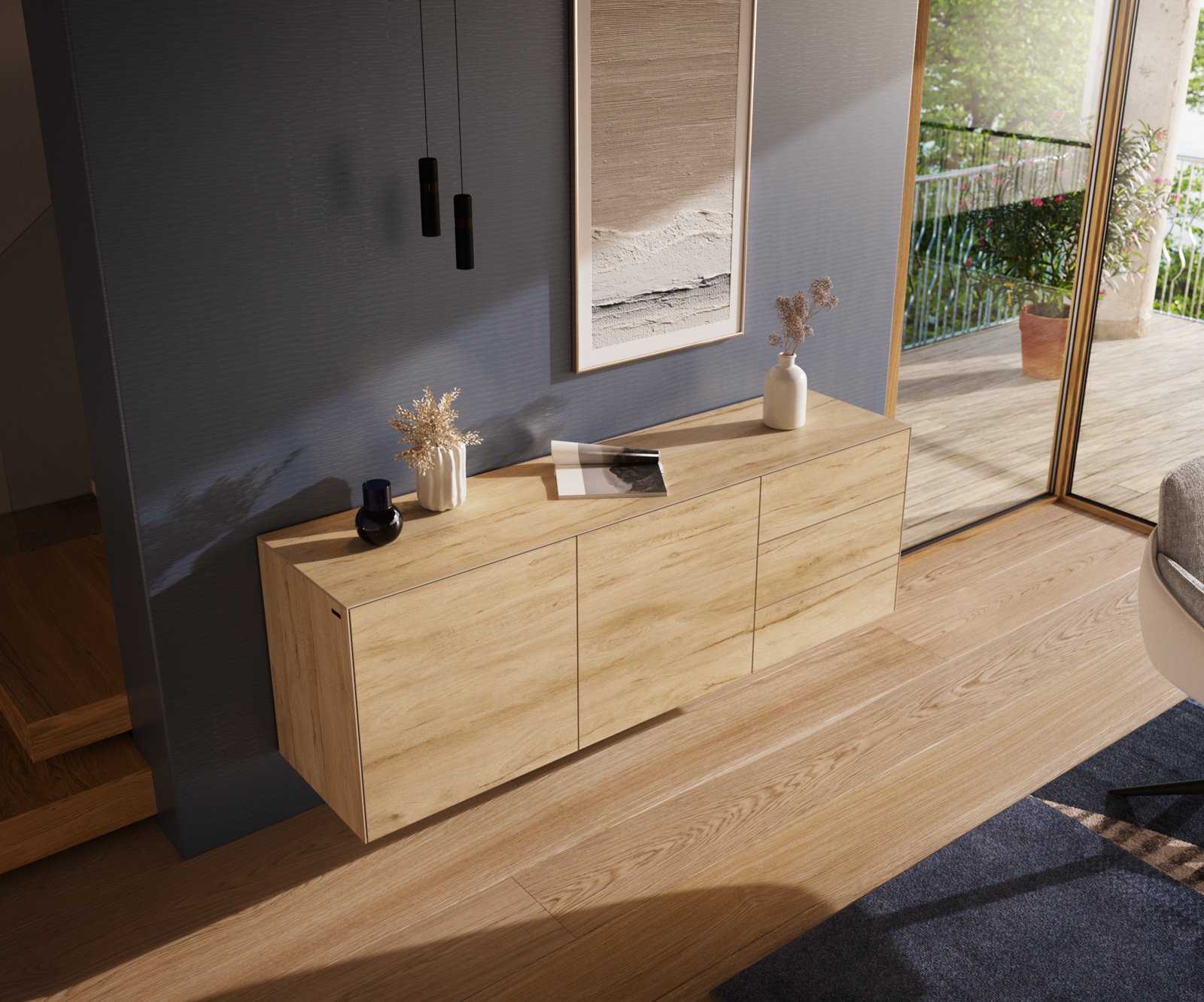 Komoda Cuor 180 cm keramika Laminam® Sabbia dubová farba 2 dvierka 3 zásuvky závesná - Image 4