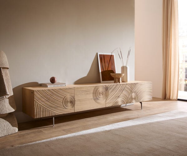 TV stolík Ashara 220 cm dub prírodná 3D efekt 4 dvierka podstava v tvare L nerezová oceľ kefovaná