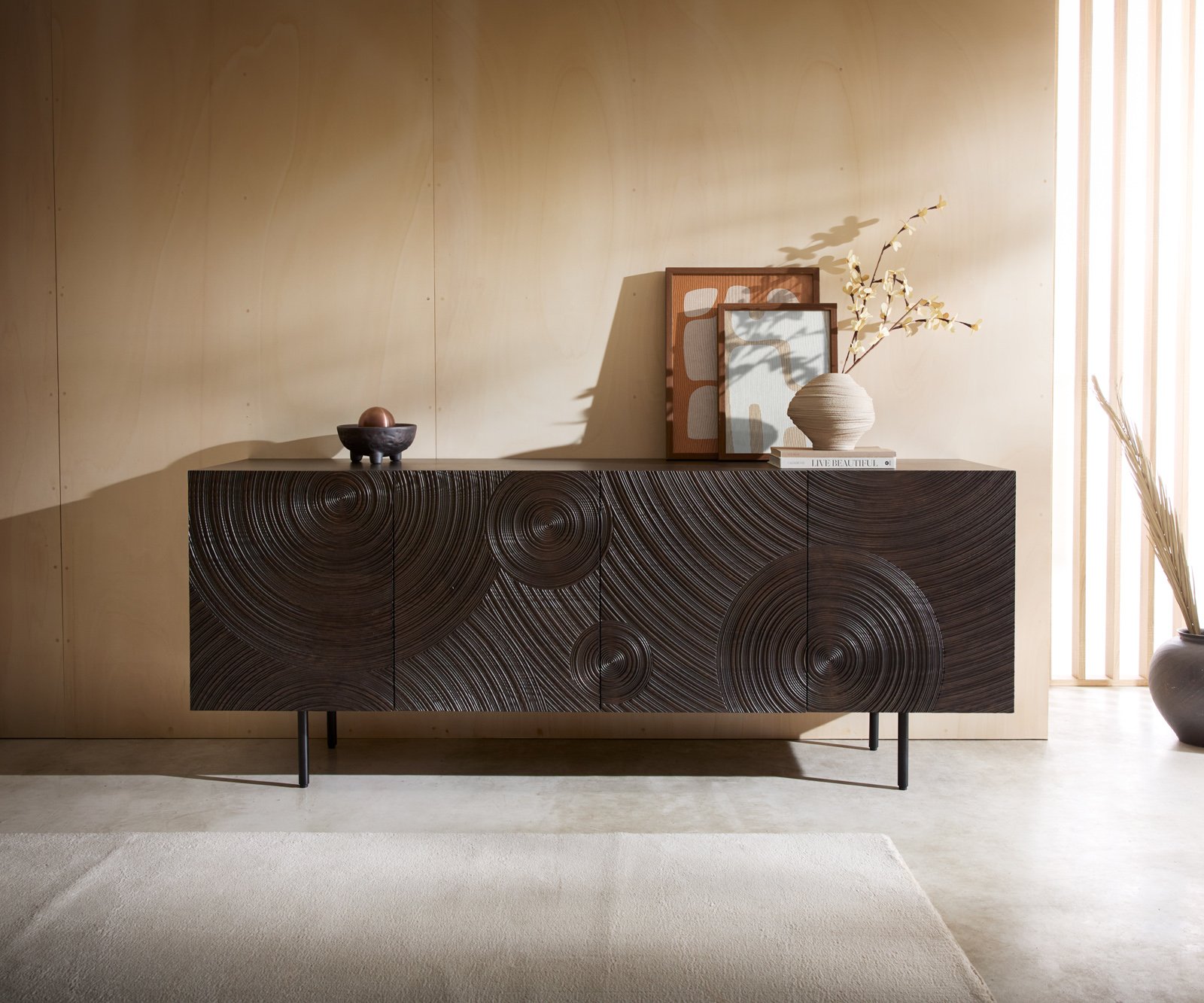 Komoda Ashara 200 cm jaseň tmavohnedá 3D efekt 4 dvierka okrúhla podstava kov čierna - Image 2