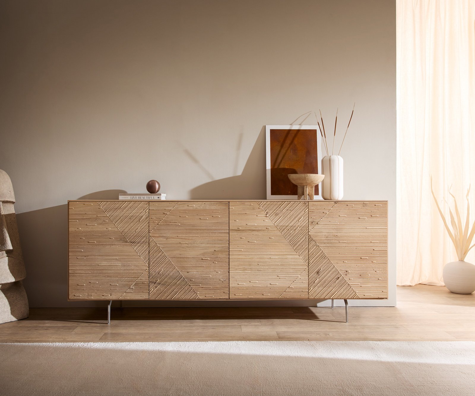 Komoda Tereos 200 cm dub prírodná 3D efekt 4 dvierka podstava v tvare "L" nerezová oceľ kefovaná - Image 2