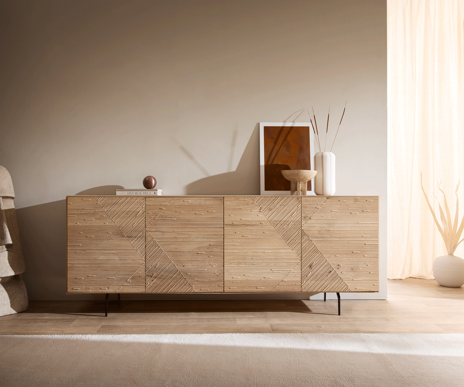 Komoda Tereos 200 cm dub prírodná 3D efekt 4 dvierka podstava v tvare L kov čierna - Image 5