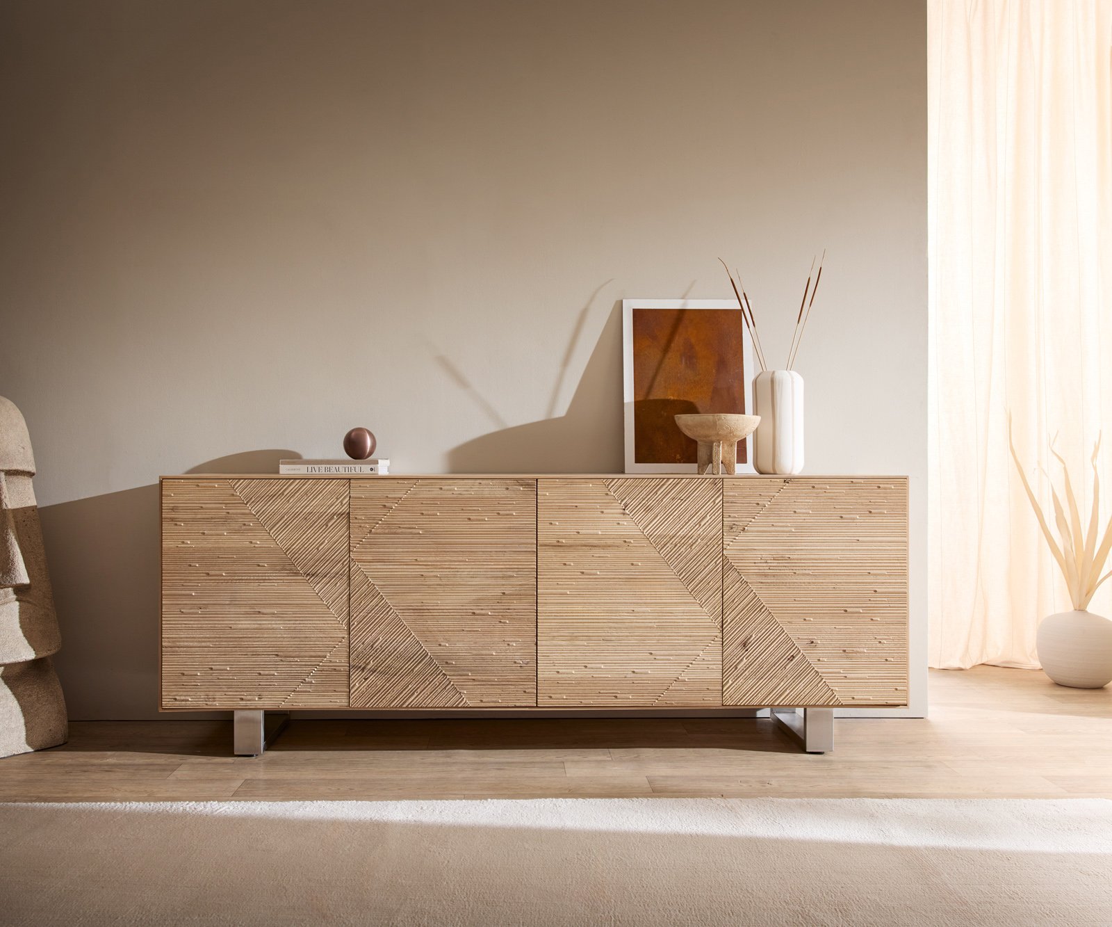 Komoda Tereos 200 cm dub prírodná 3D efekt 4 dvierka kovová podstava nerezová oceľ kefovaná - Image 2