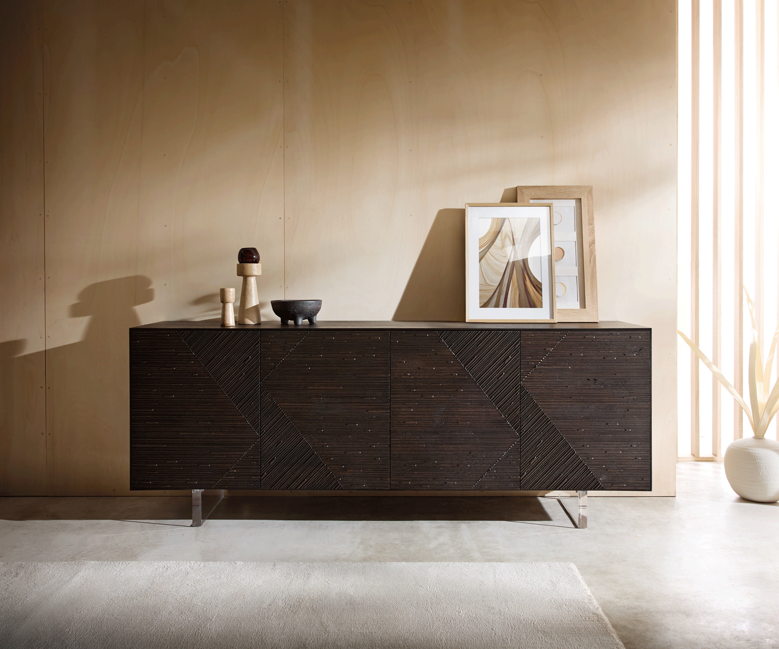 Komoda Tereos 200 cm jaseň tmavohnedá 3D efekt 4 dvierka podstava závesná akrylové sklo - Image 5