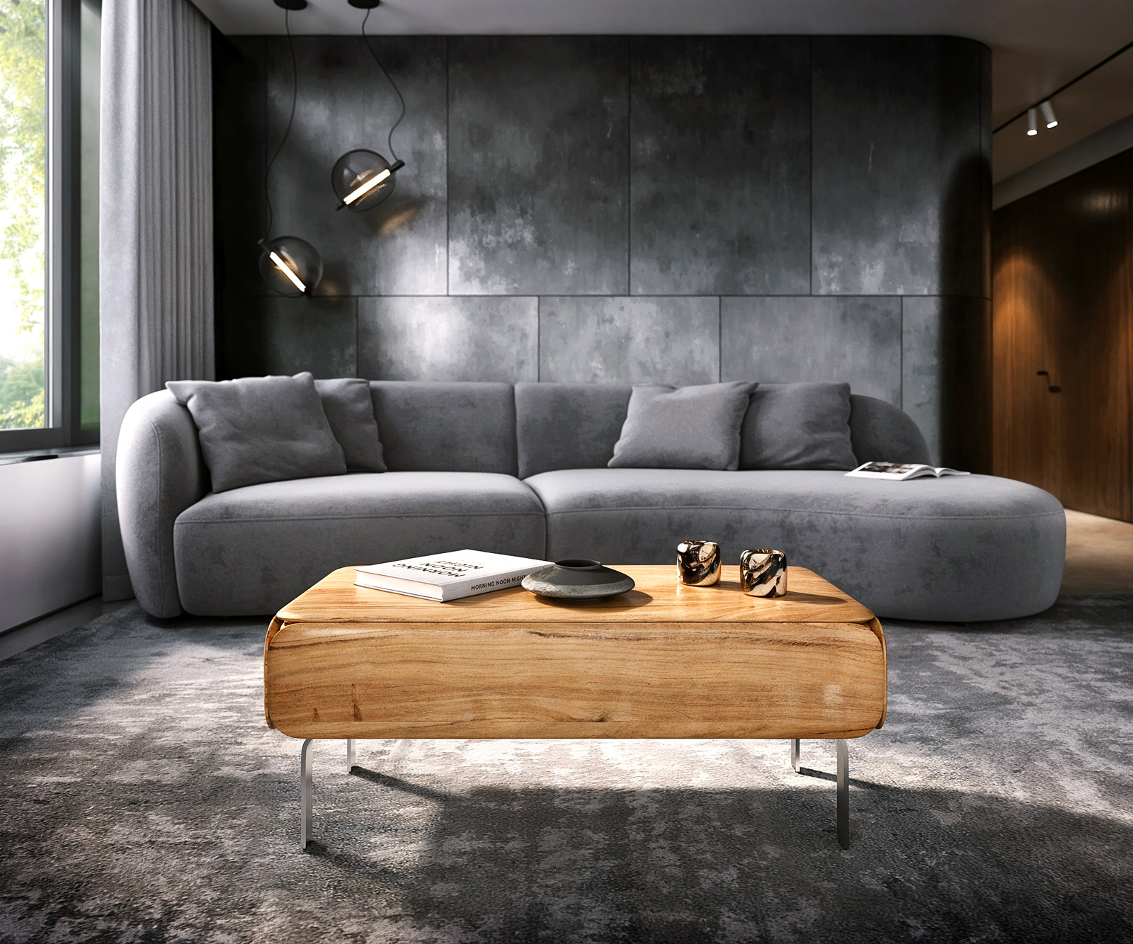 Konferenčný stolík Shavani 100x50 cm akácia prírodná 2 zásuvky podstava v tvare L nerezová oceľ strieborná - Image 2