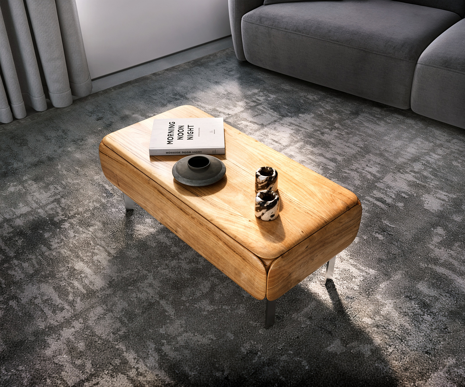 Konferenčný stolík Shavani 100x50 cm akácia prírodná 2 zásuvky podstava v tvare L nerezová oceľ strieborná - Image 5