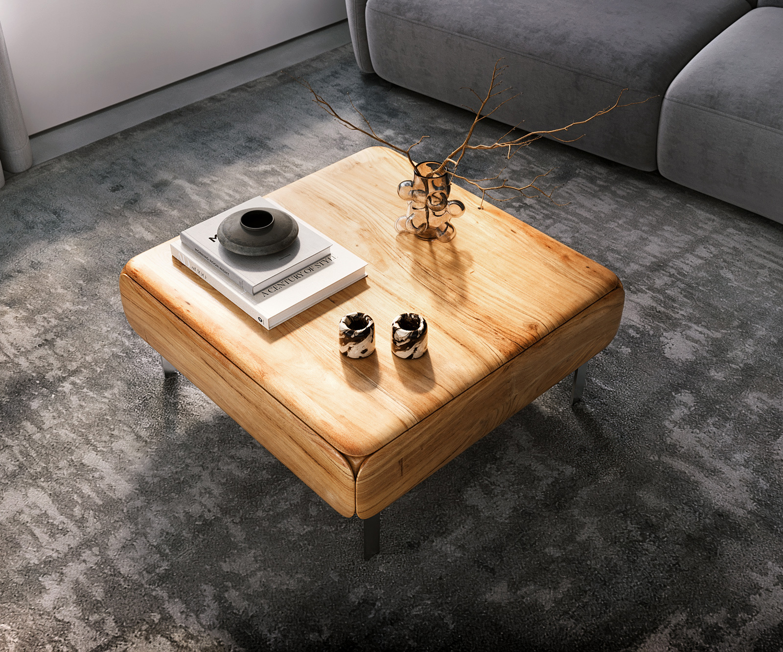 Konferenčný stolík Shavani 90x90 cm akácia prírodná 2 dvierka podstava v tvare L nerezová oceľ strieborná - Image 5