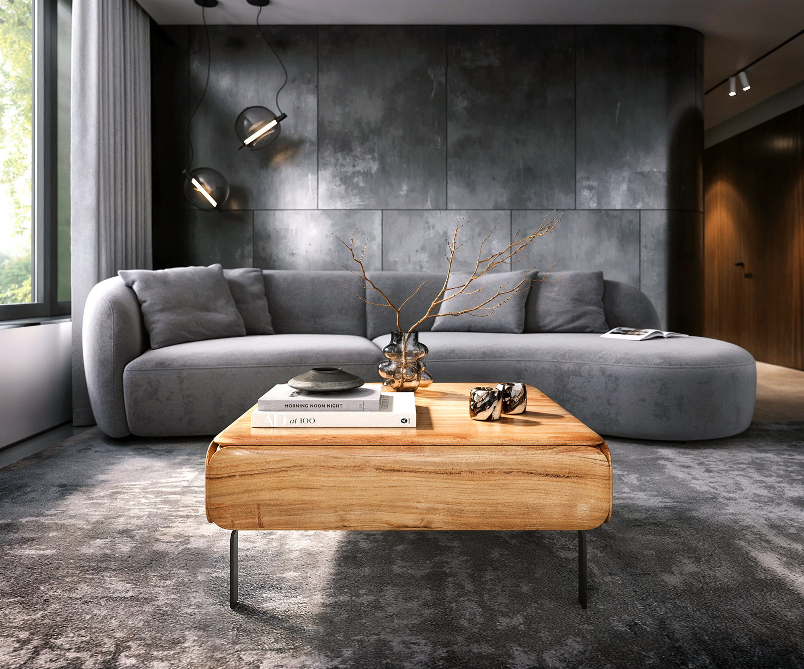 Konferenčný stolík Shavani 90x90 cm akácia prírodná 2 dvierka podstava v tvare L kov čierna - Image 2