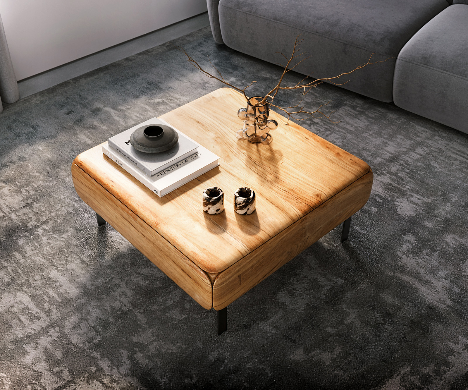 Konferenčný stolík Shavani 90x90 cm akácia prírodná 2 dvierka podstava v tvare L kov čierna - Image 5