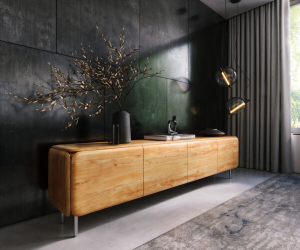 TV stolík Shavani 220 cm akácia prírodná 4 dvierka okrúhla podstava nerezová oceľ strieborná