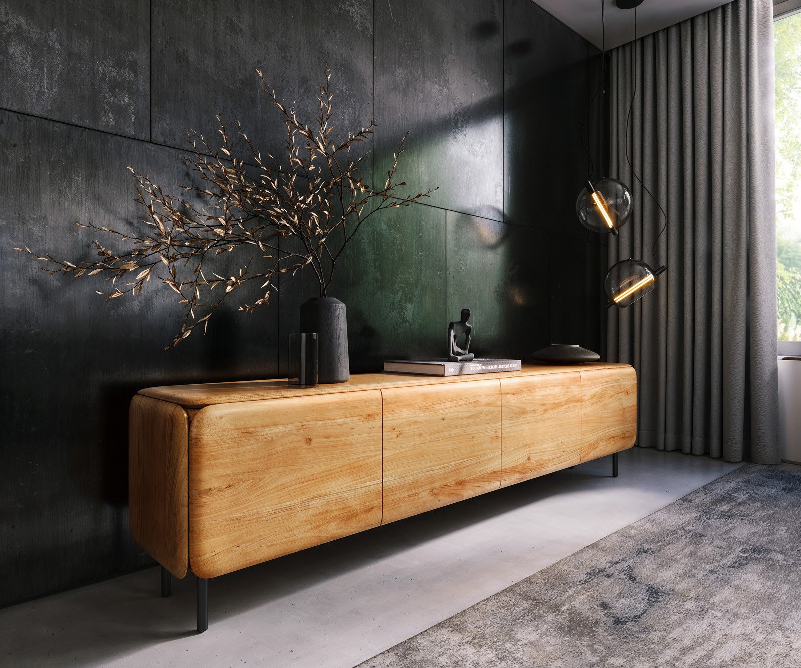 TV stolík Shavani 220 cm akácia prírodná 4 dvierka okrúhla kovová podstava čierna