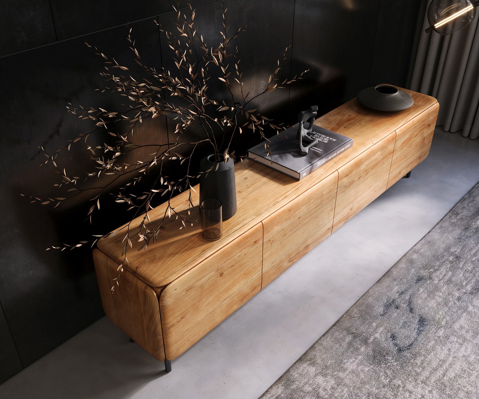 TV stolík Shavani 220 cm akácia prírodná 4 dvierka okrúhla kovová podstava čierna - Image 4