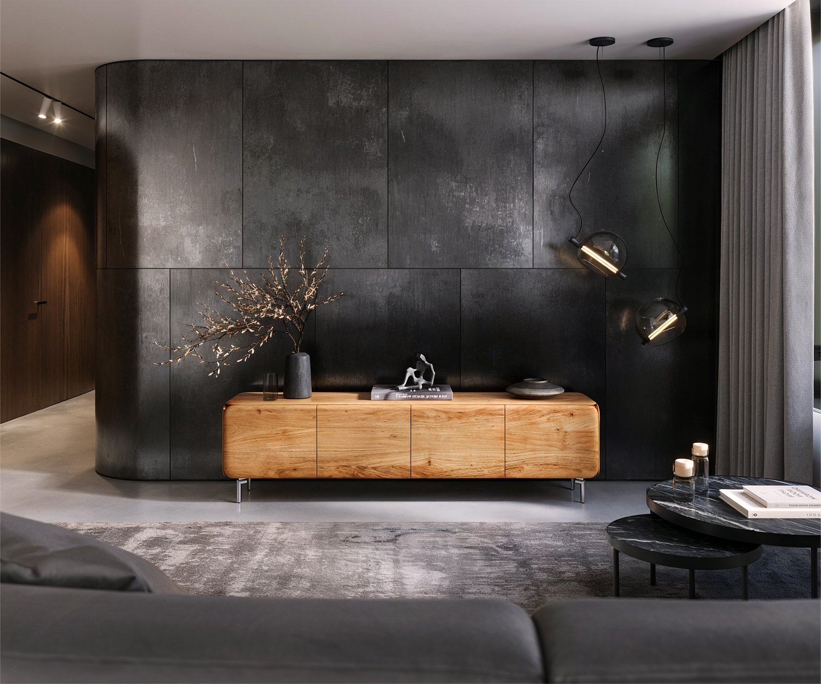 TV stolík Shavani 200 cm akácia prírodná 4 dvierka podstava oválna nerezová oceľ - Image 2