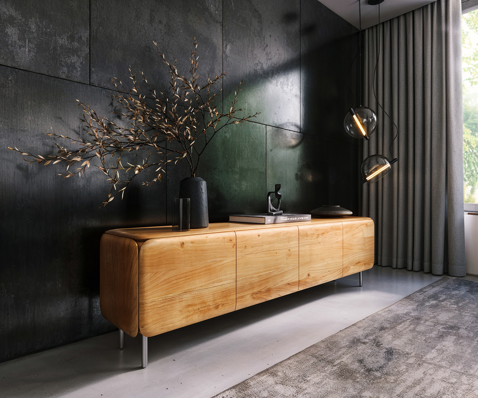 TV stolík Shavani 200 cm akácia prírodná 4 dvierka okrúhla podstava nerezová oceľ strieborná