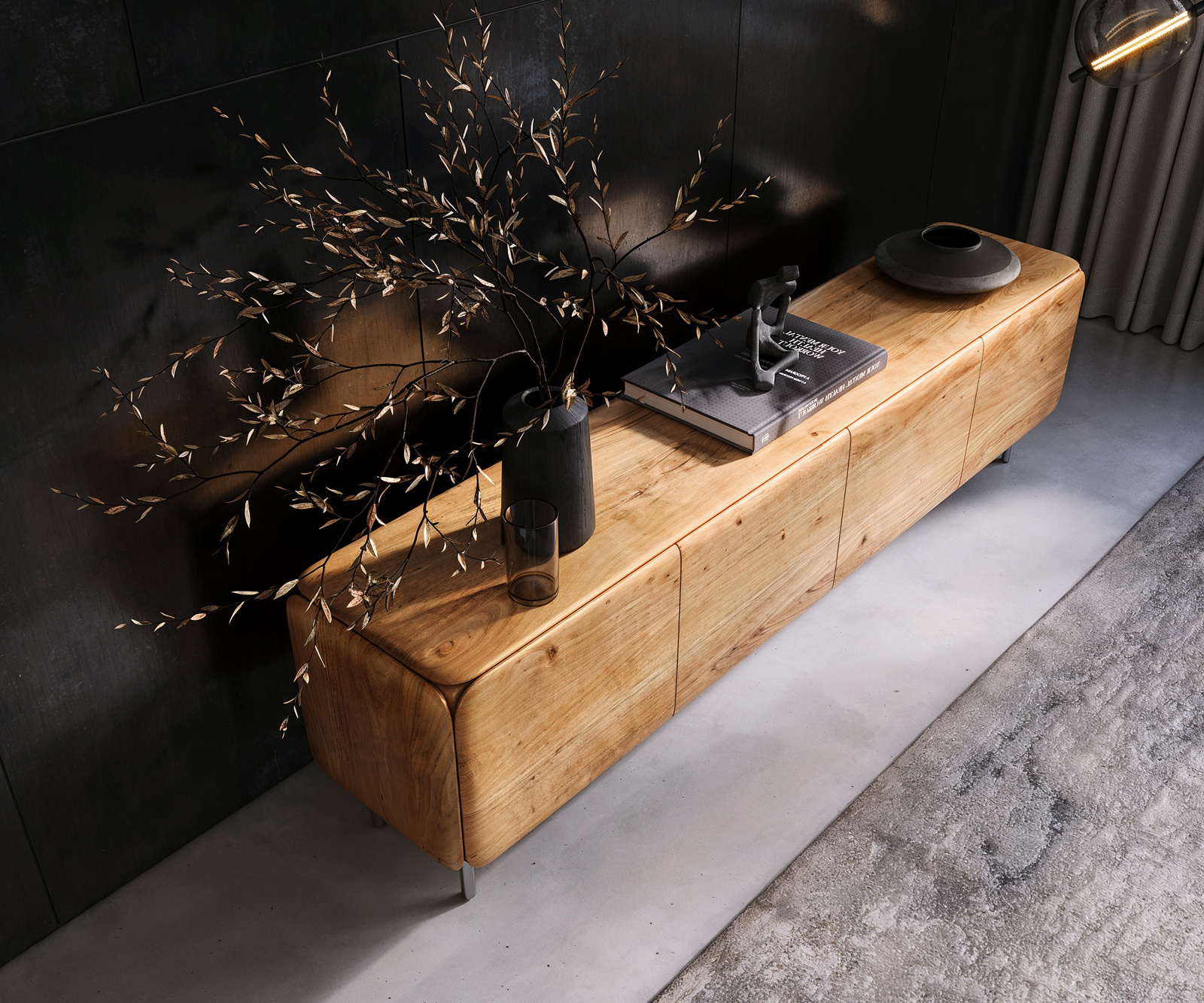 TV stolík Shavani 200 cm akácia prírodná 4 dvierka okrúhla podstava nerezová oceľ strieborná - Image 4