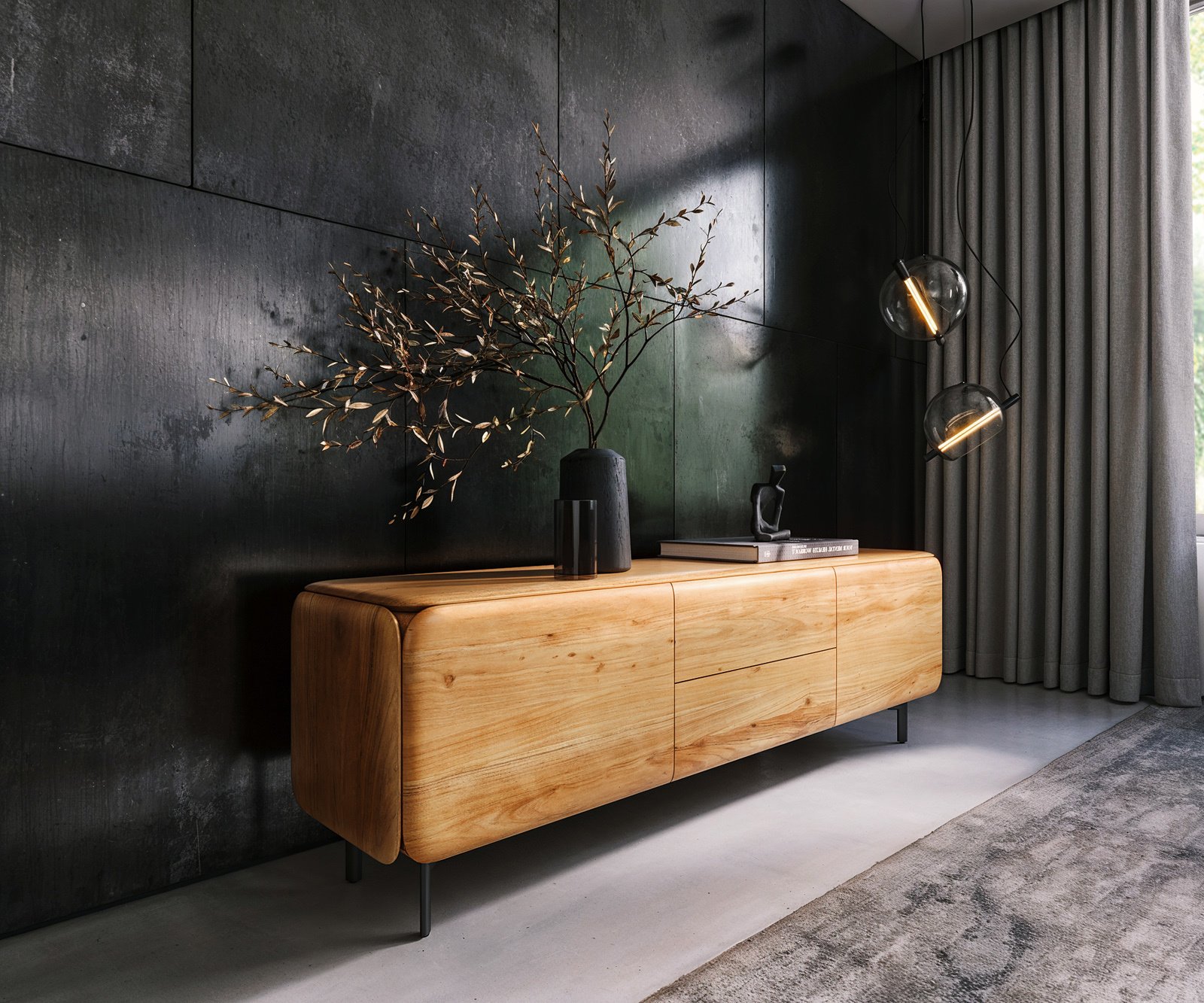 TV stolík Shavani 175 cm akácia prírodná 2 dvierka 2 zásuvky oválna kovová podstava čierna