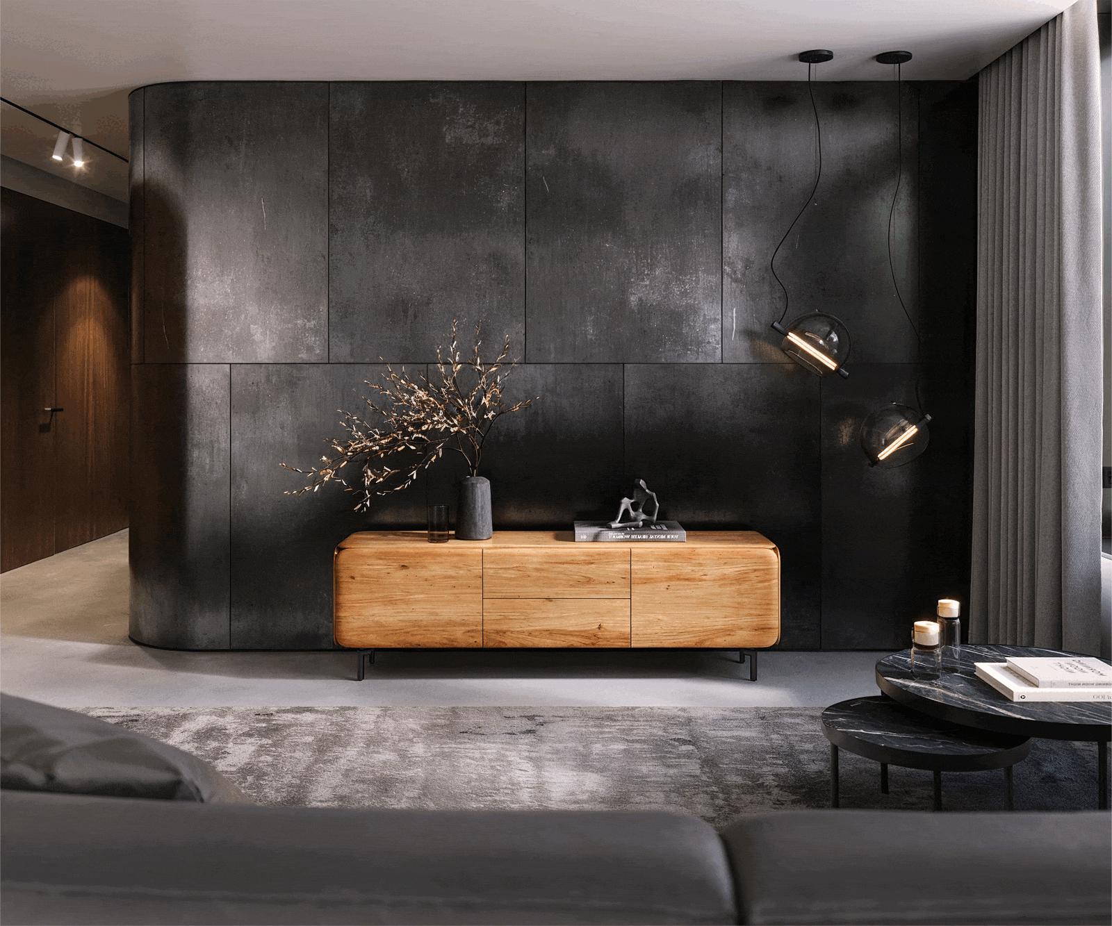 TV stolík Shavani 175 cm akácia prírodná 2 dvierka 2 zásuvky oválna kovová podstava čierna - Image 2