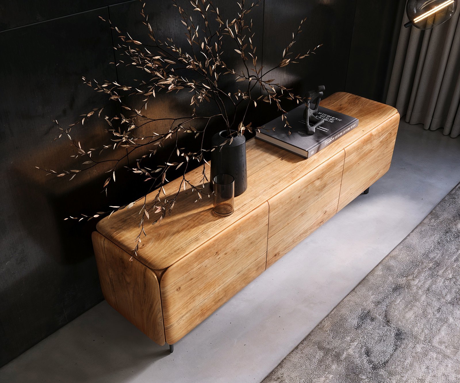 TV stolík Shavani 175 cm akácia prírodná 2 dvierka 2 zásuvky oválna kovová podstava čierna - Image 4