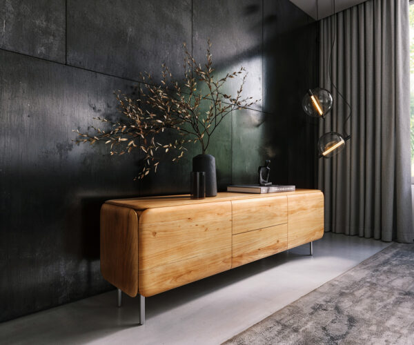 TV stolík Shavani 175 cm akácia prírodná 2 dvierka 2 zásuvky okrúhla podstava nerezová oceľ strieborná