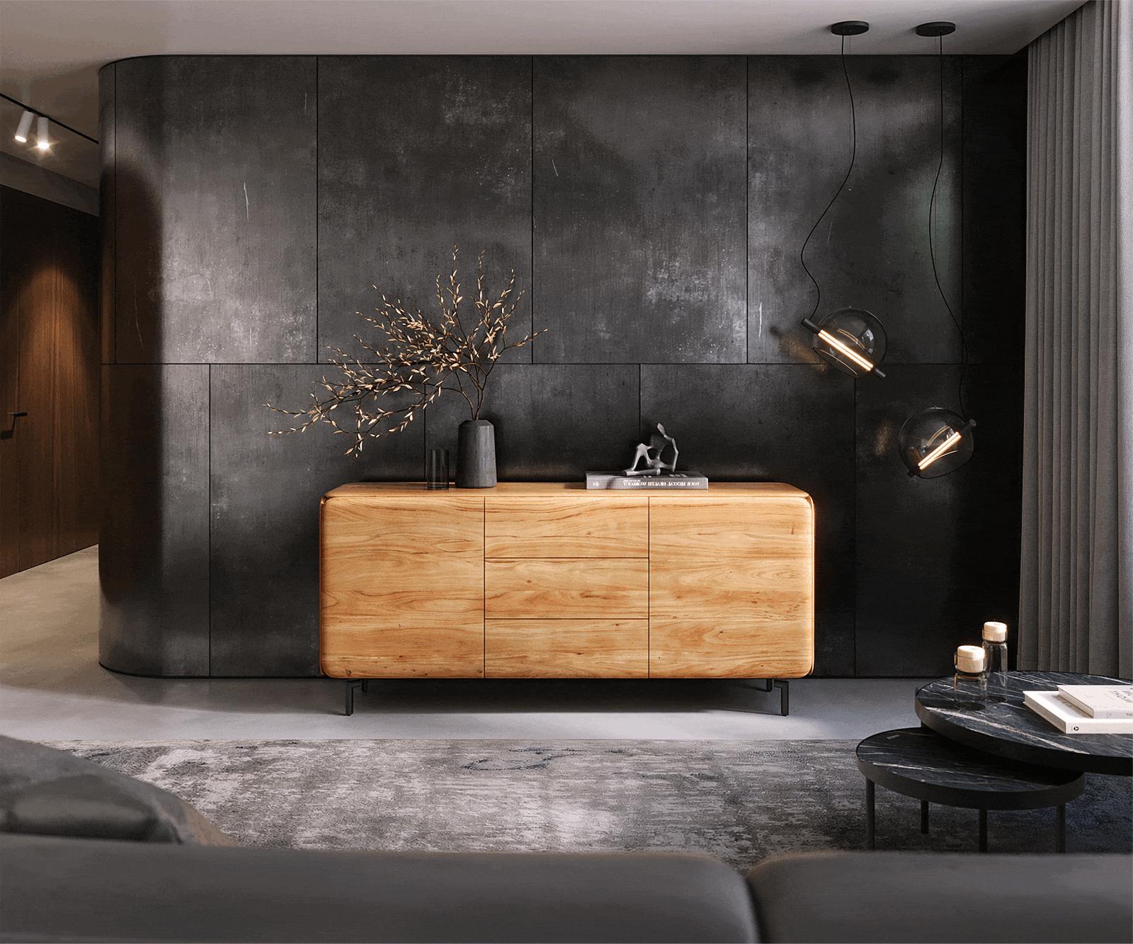 Komoda Shavani 175 cm akácia prírodná 2 dvierka 3 zásuvky oválna kovová podstava čierna - Image 2