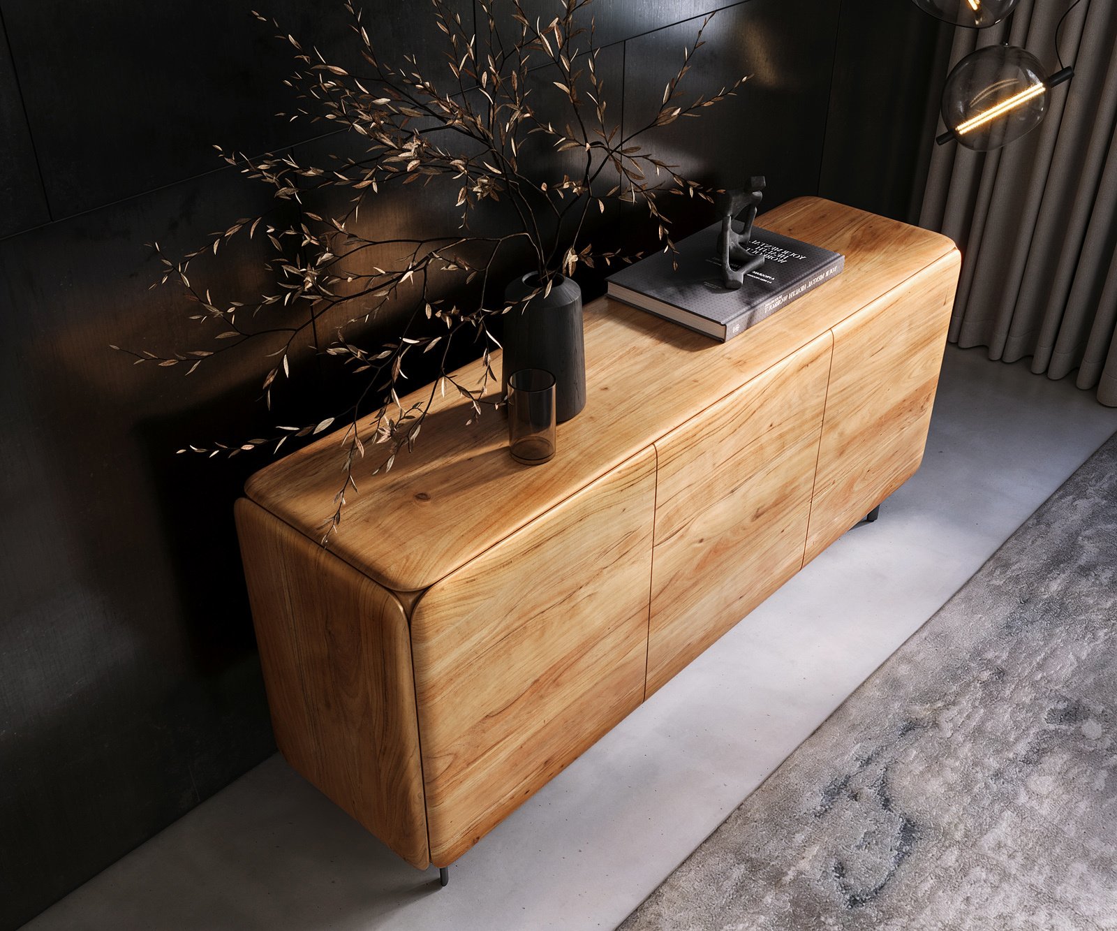 Komoda Shavani 175 cm akácia prírodná 2 dvierka 3 zásuvky oválna kovová podstava čierna - Image 4