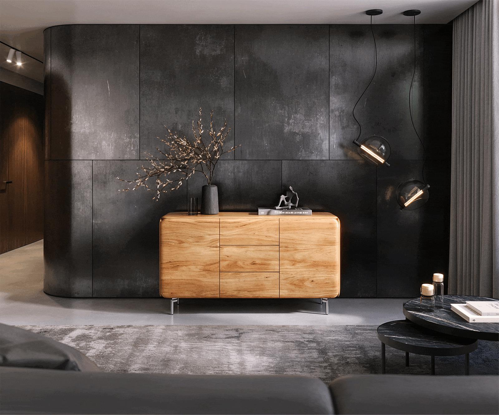 Komoda Shavani 145 cm akácia prírodná 2 dvierka 3 zásuvky oválna podstava nerezová oceľ - Image 2