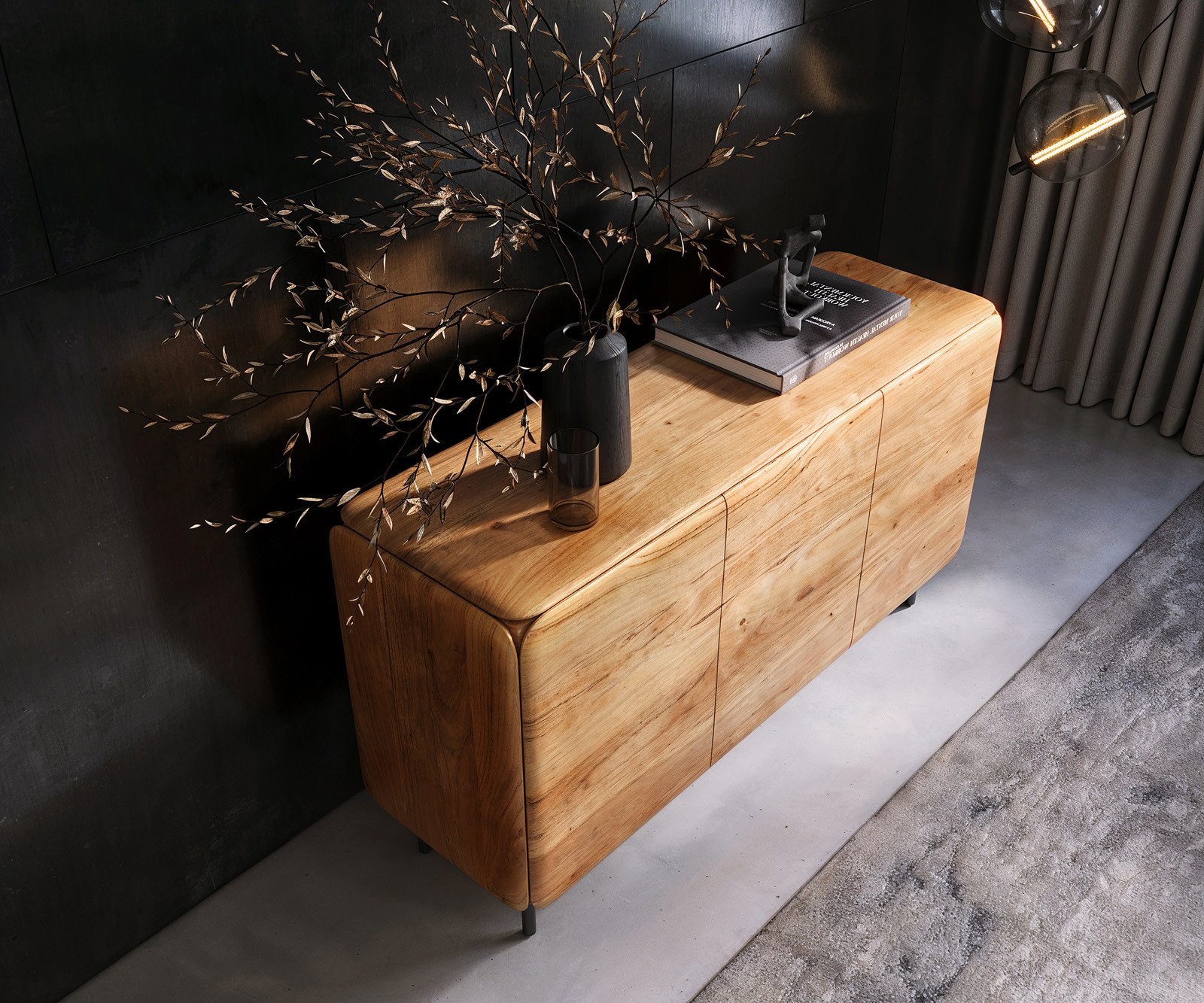 Komoda Shavani 145 cm akácia prírodná 2 dvierka 3 zásuvky okrúhla kovová podstava čierna - Image 4