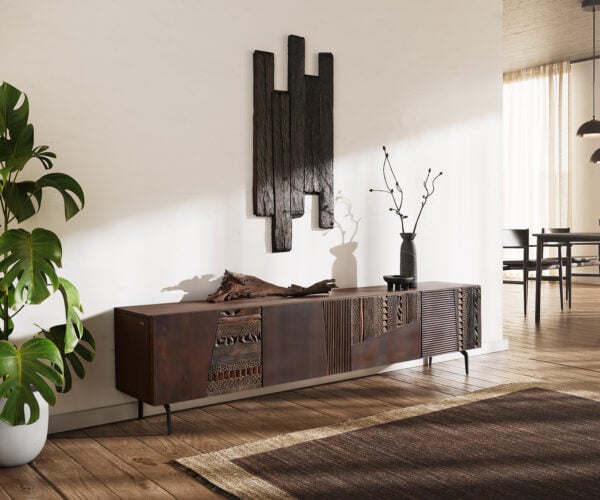 TV stolík Imara 200 cm mango hnedá 4 dvierka podstava v tvare "L" kov čierna