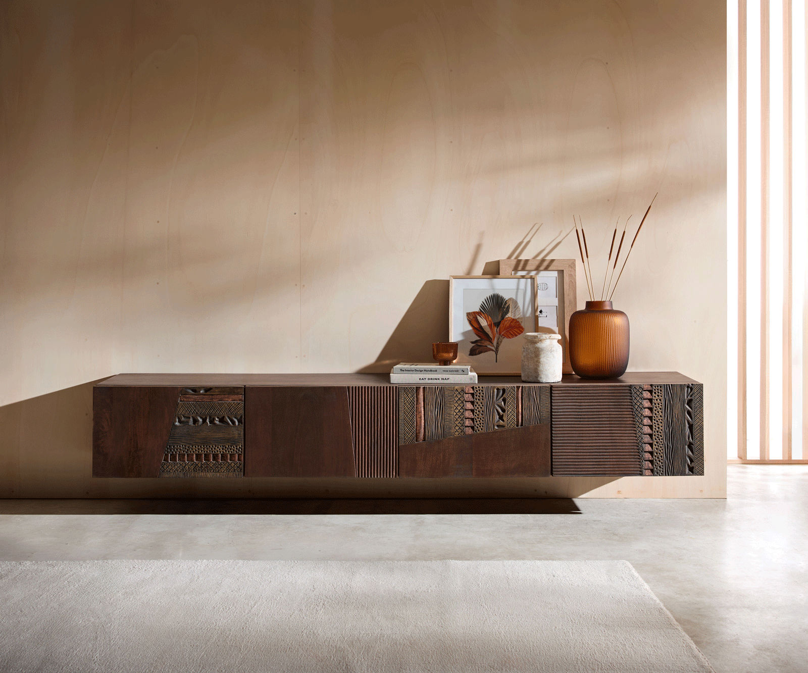 TV stolík Imara 200 cm mango hnedá 4 dvierka závesné - Image 4