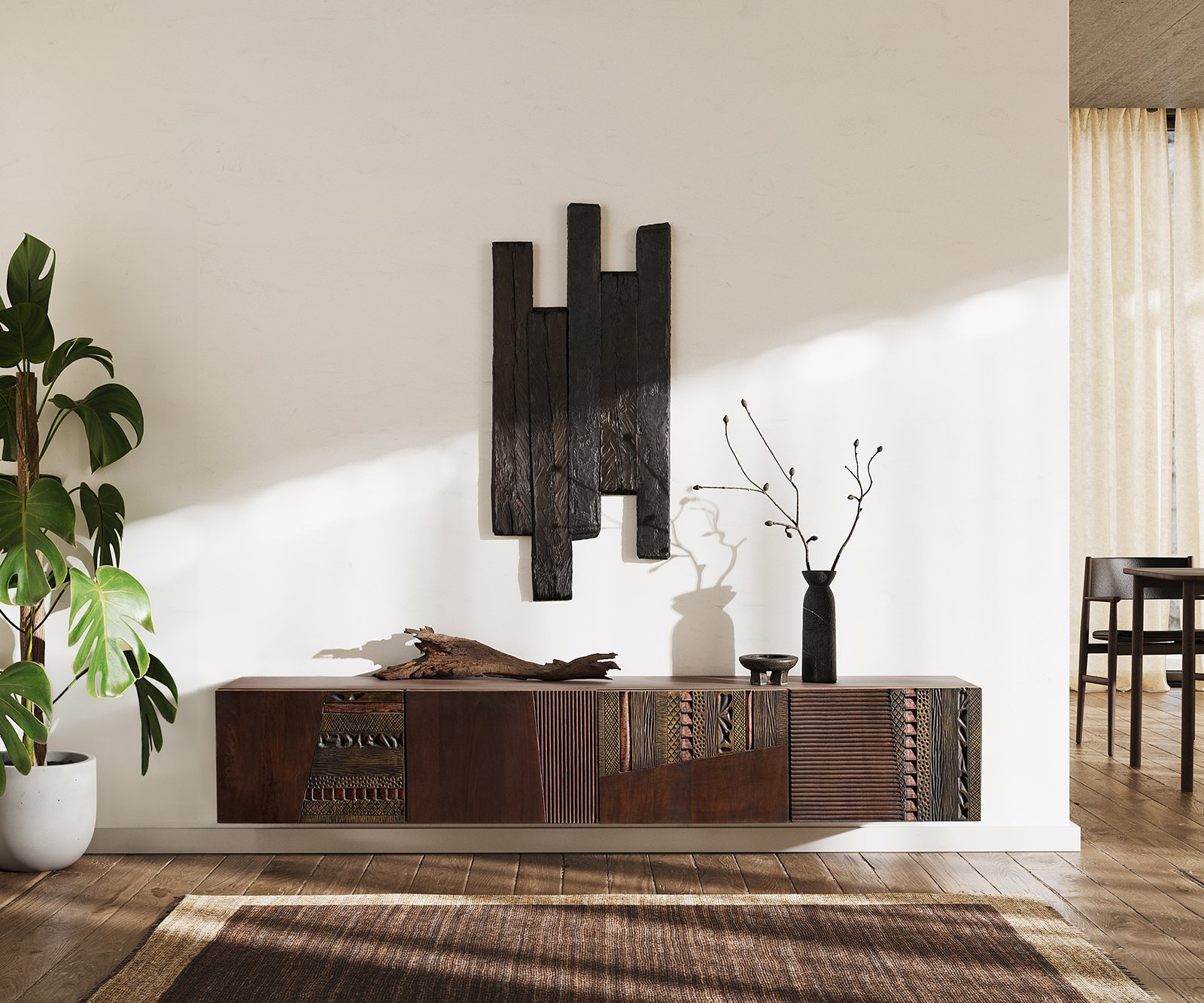 TV stolík Imara 200 cm mango hnedá 4 dvierka závesné - Image 2