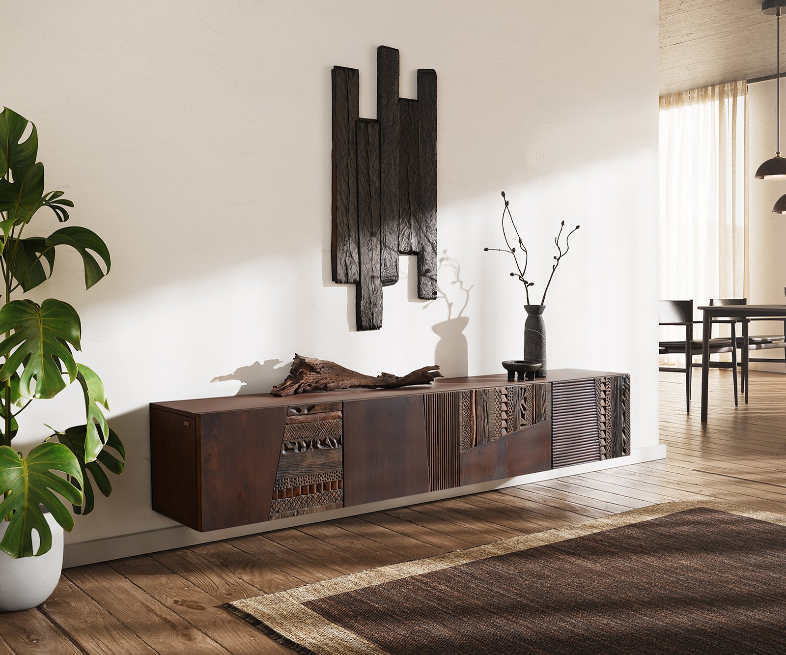 TV stolík Imara 200 cm mango hnedá 4 dvierka závesné