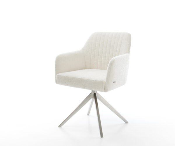 Jedálenská stolička Greg-Flex bouclé mäkký béžová krížová podstava široká nerezová oceľ 360° otočný hojdacia funkcia vrecková pružina