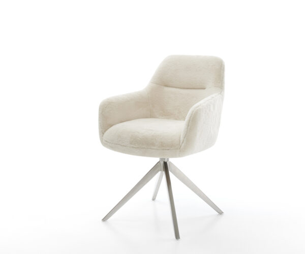 Jedálenská stolička Pejo-Flex plyšový manšester krémovo biela krížová podstava široká nerezová oceľ 360° otočný hojdacia funkcia vrecková pružina