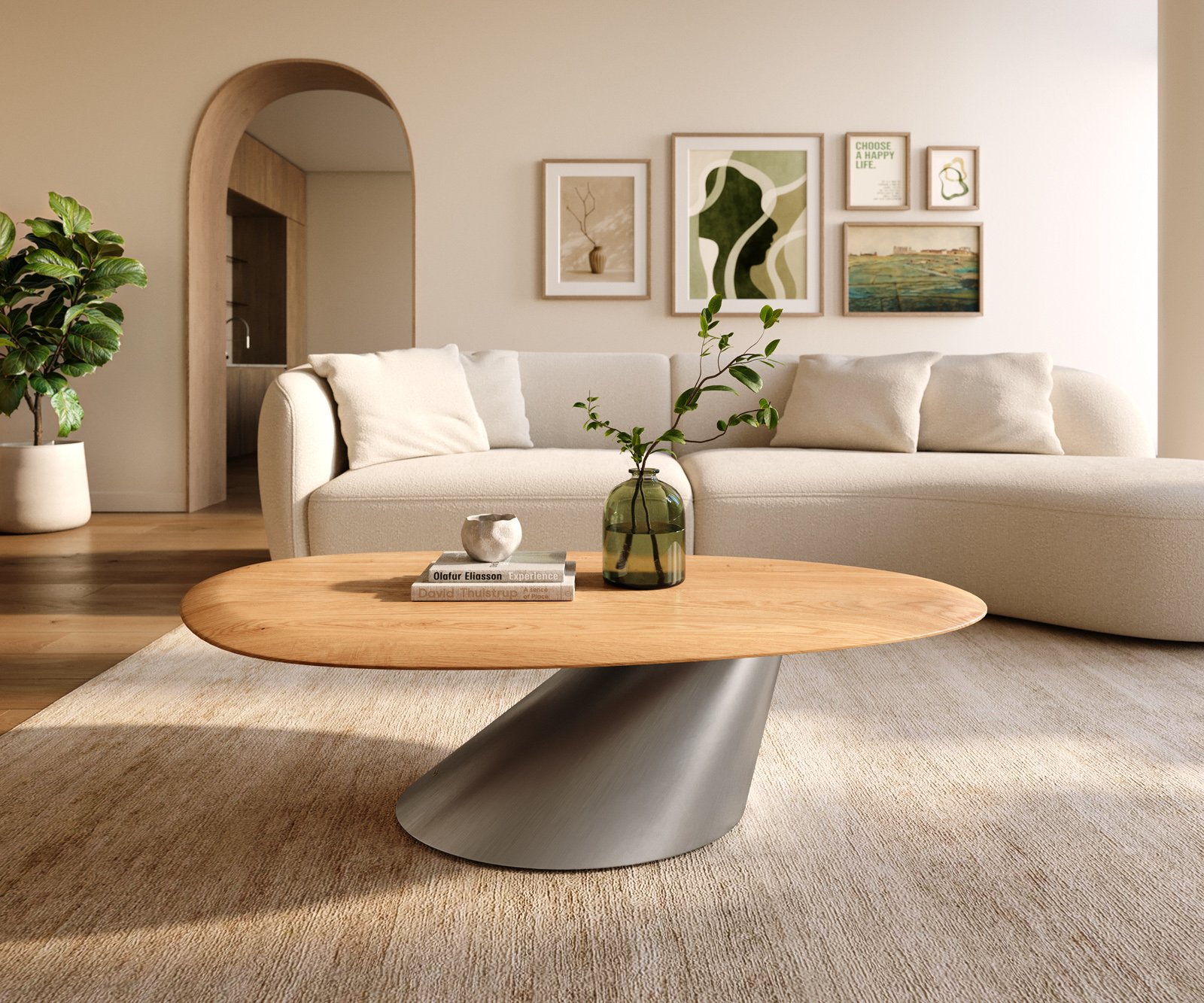 Konferenčný stolík Edge oválny 140x75 cm dub prírodný zaoblená hrana Conis nerezová oceľ kefovaná - Image 2