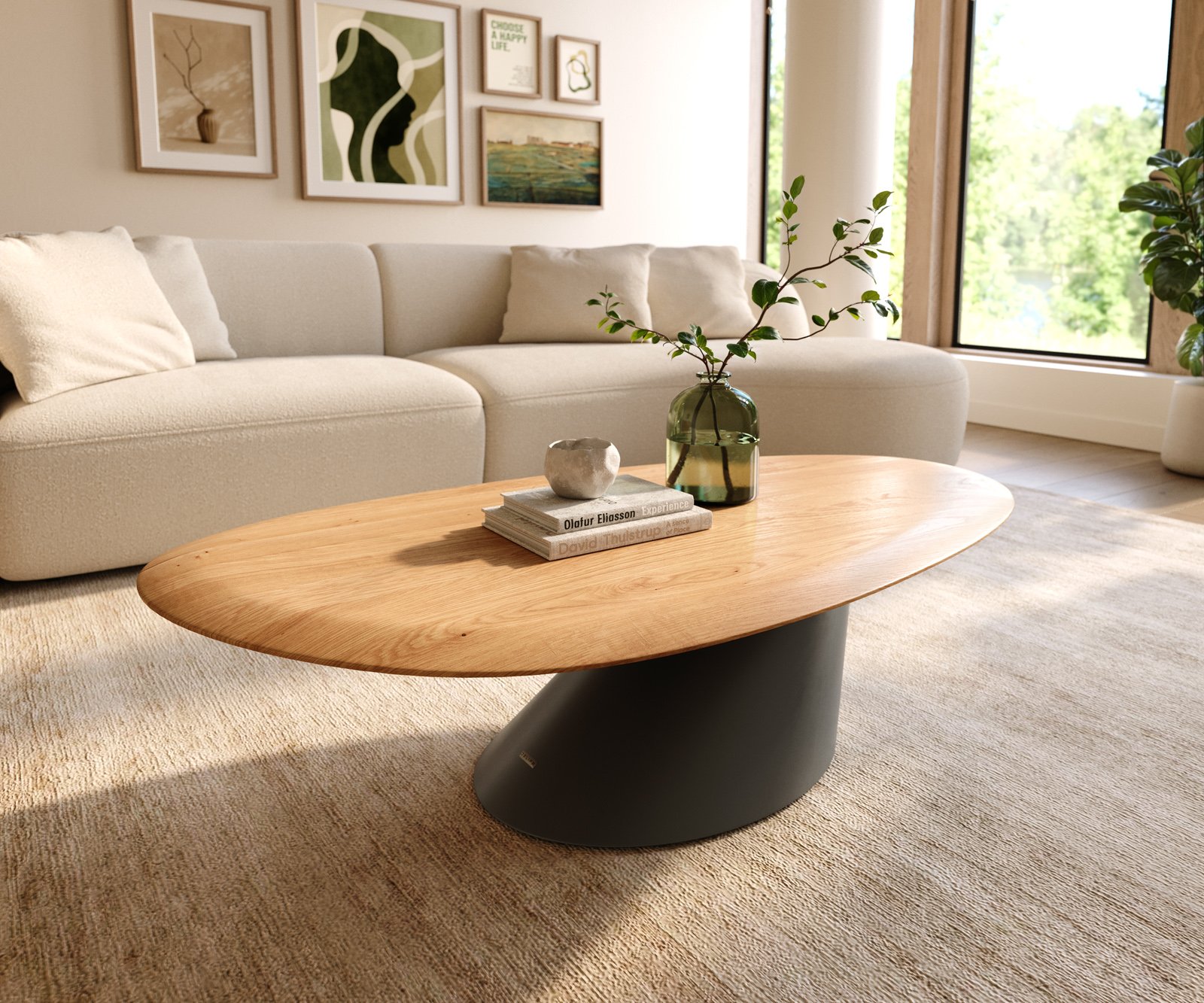 Konferenčný stolík Edge oválny 140x75 cm dub prírodný zaoblená hrana Conis kov čierna