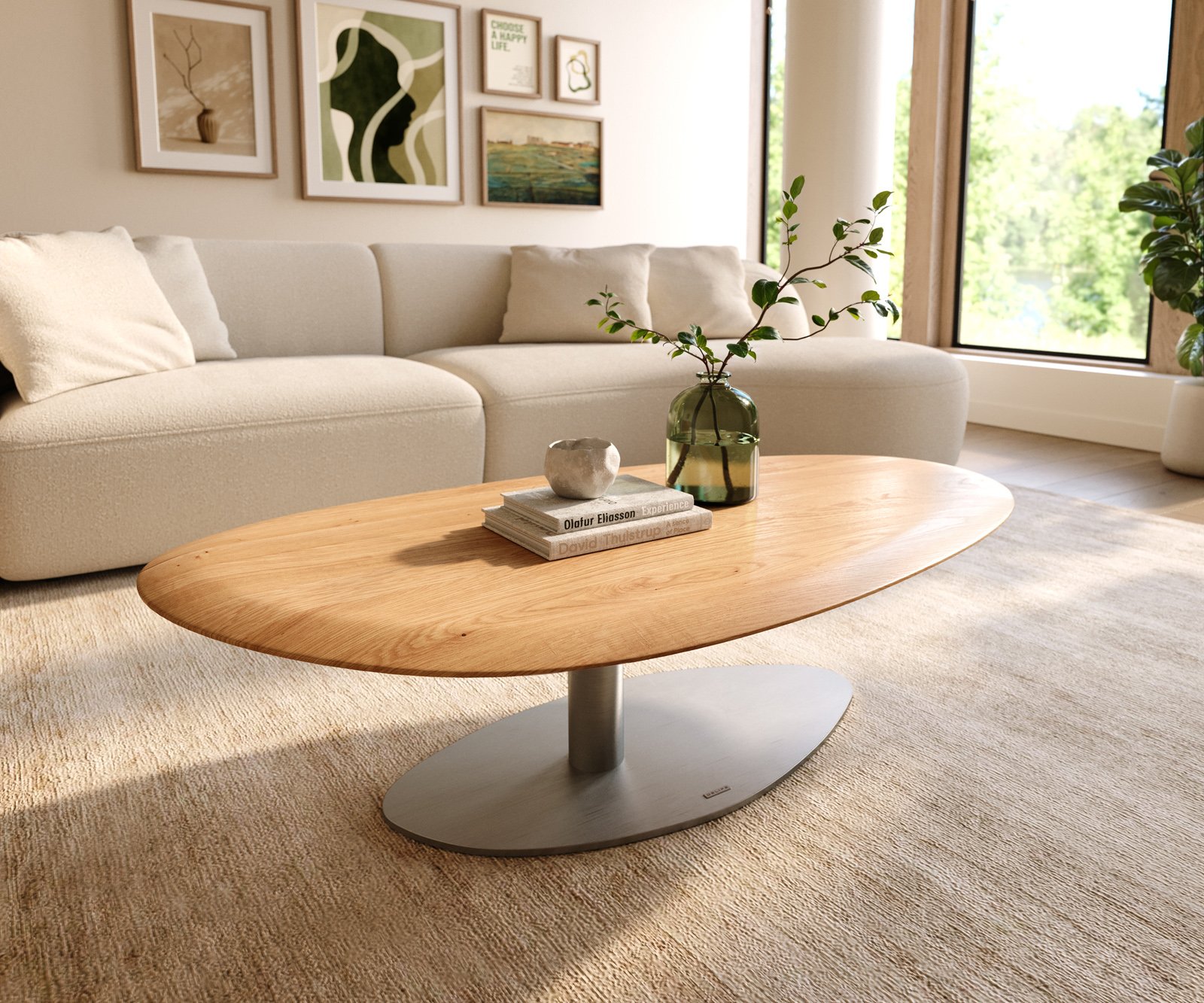 Konferenčný stolík Edge oválny 140x75 cm dub prírodný okrúhla hrana Vibany nerezová oceľ kefovaná - Image 2