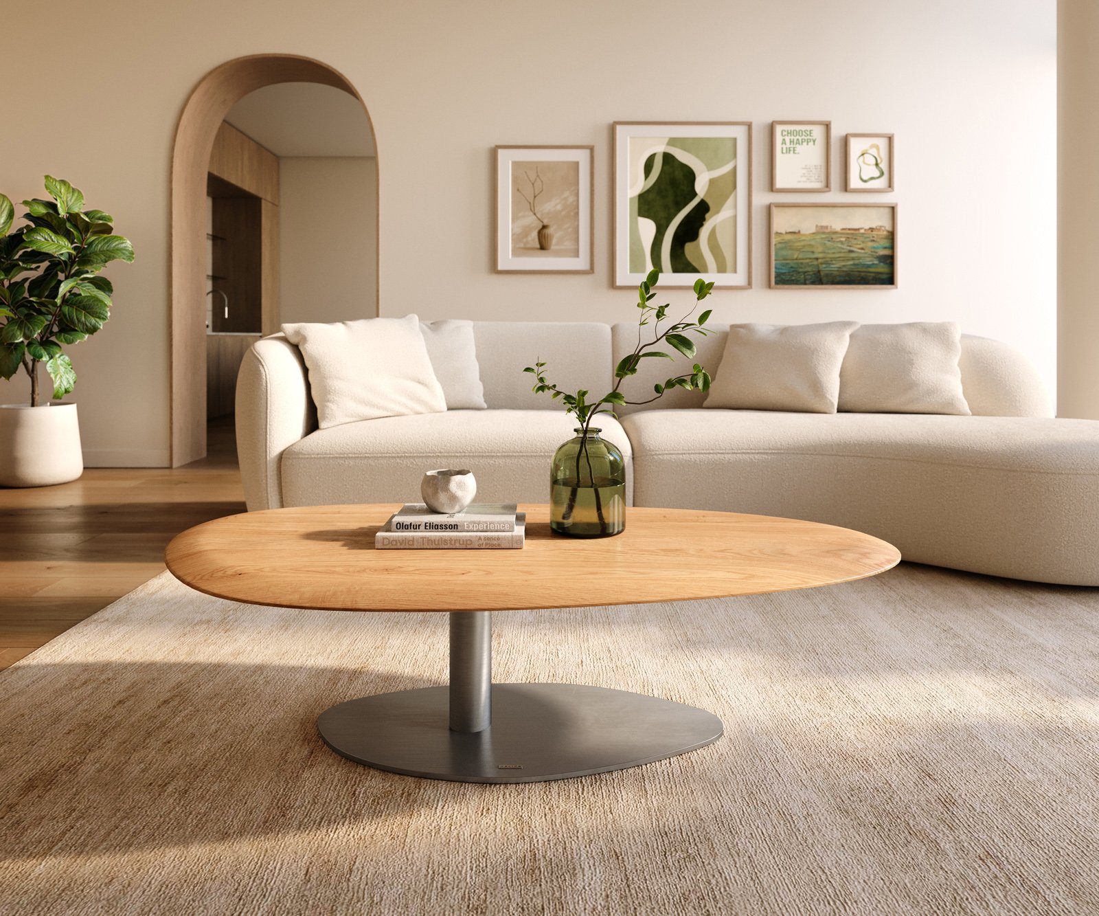 Konferenčný stolík Edge oválny 140x75 cm dub prírodný okrúhla hrana Vibany nerezová oceľ kefovaná