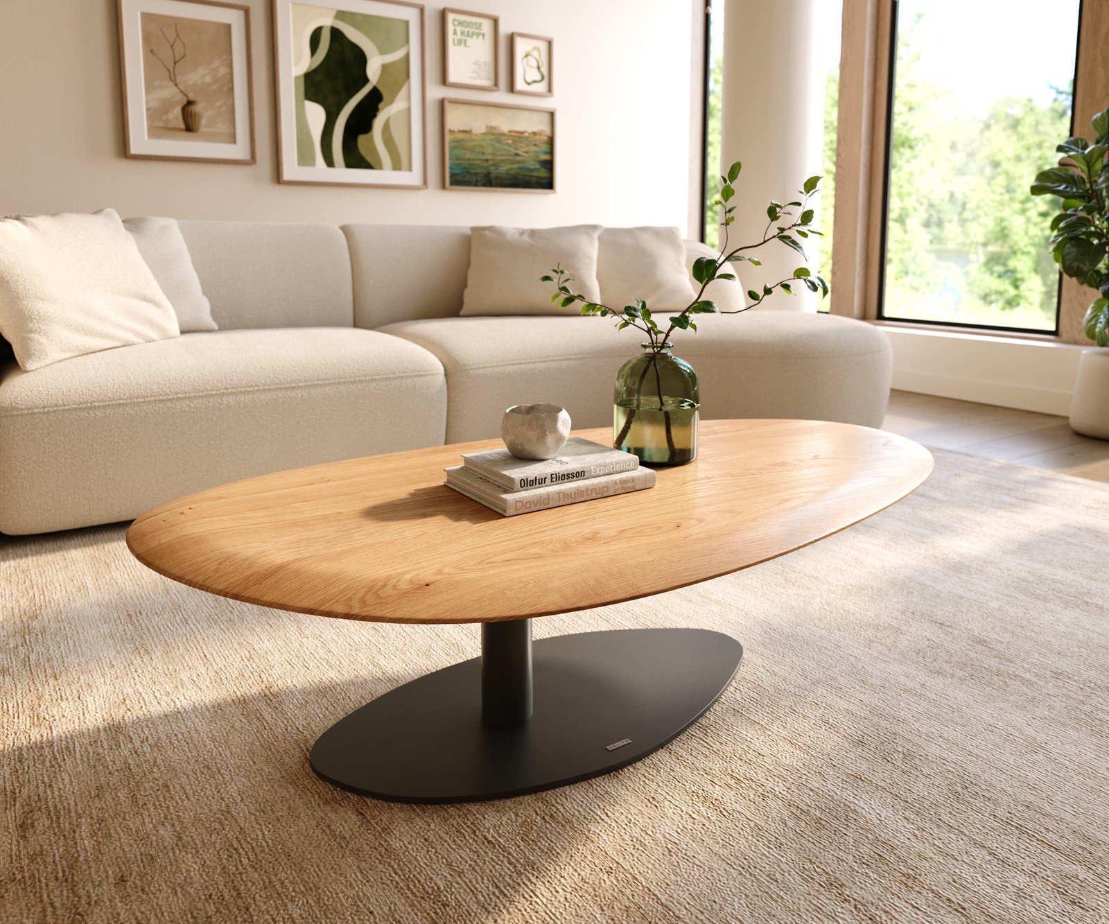 Konferenčný stolík Edge oválny 140x75 cm dub prírodný okrúhla hrana Vibany kov čierna