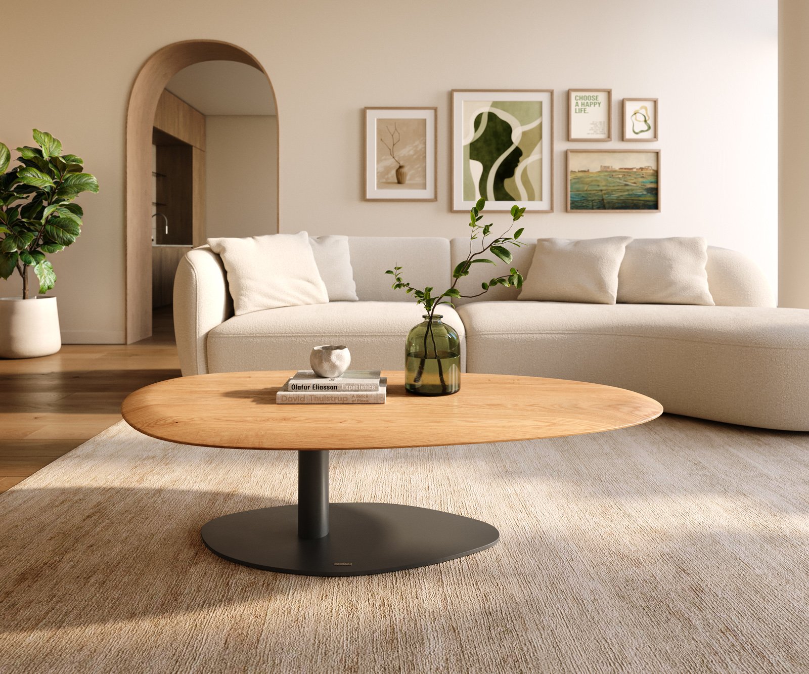 Konferenčný stolík Edge oválny 140x75 cm dub prírodný okrúhla hrana Vibany kov čierna - Image 2