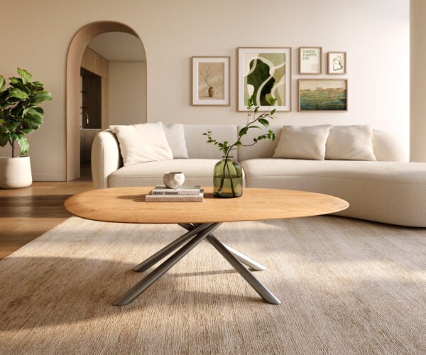 Konferenčný stolík Edge oválny 140x75 cm dub prírodný okrúhla hrana Sarity nerezová oceľ kefovaná - Image 2