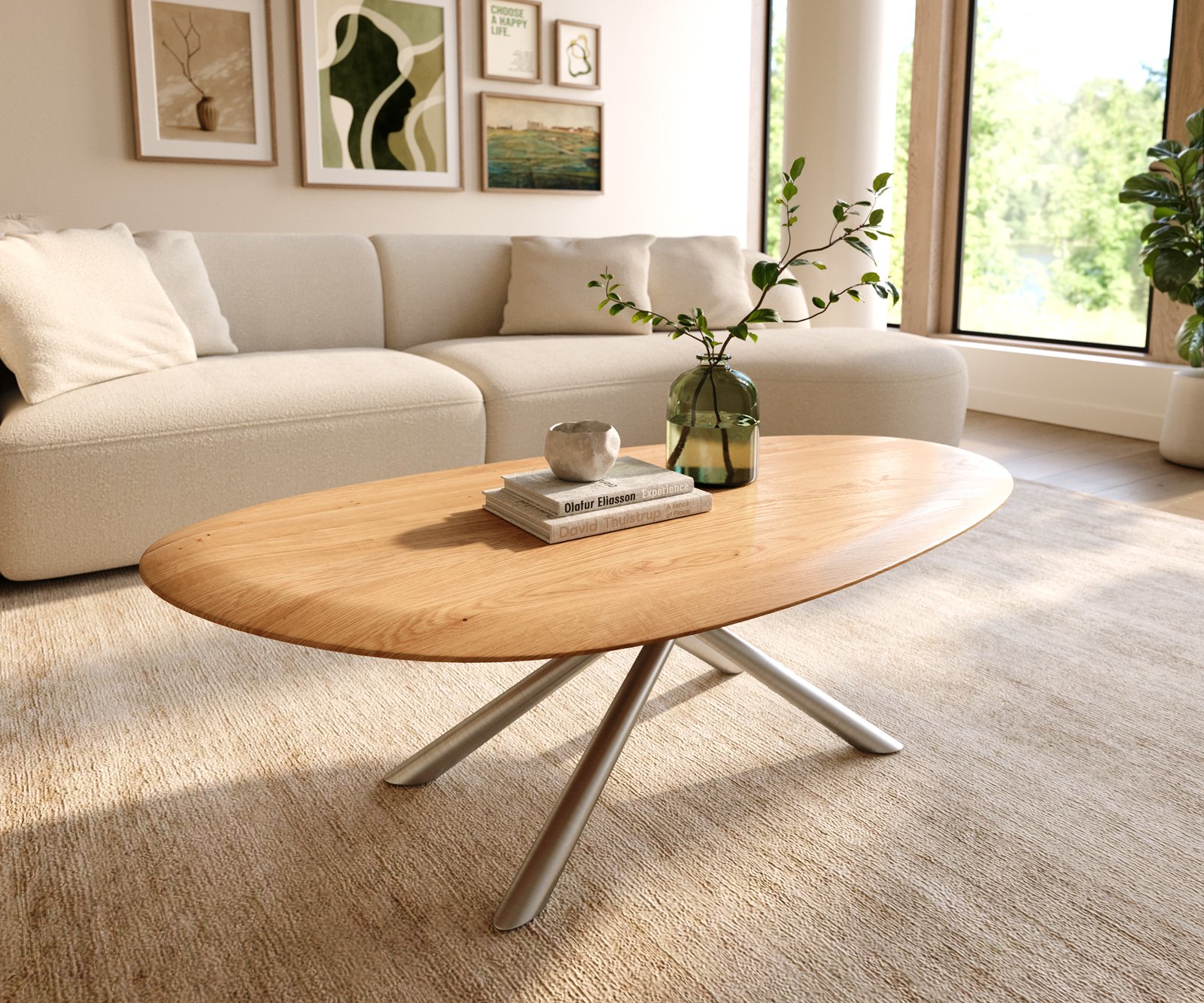 Konferenčný stolík Edge oválny 140x75 cm dub prírodný okrúhla hrana Sarity nerezová oceľ kefovaná