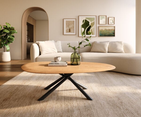Konferenčný stolík Edge oválny 140x75 cm dub prírodný okrúhla hrana Sarity kov čierna - Image 2