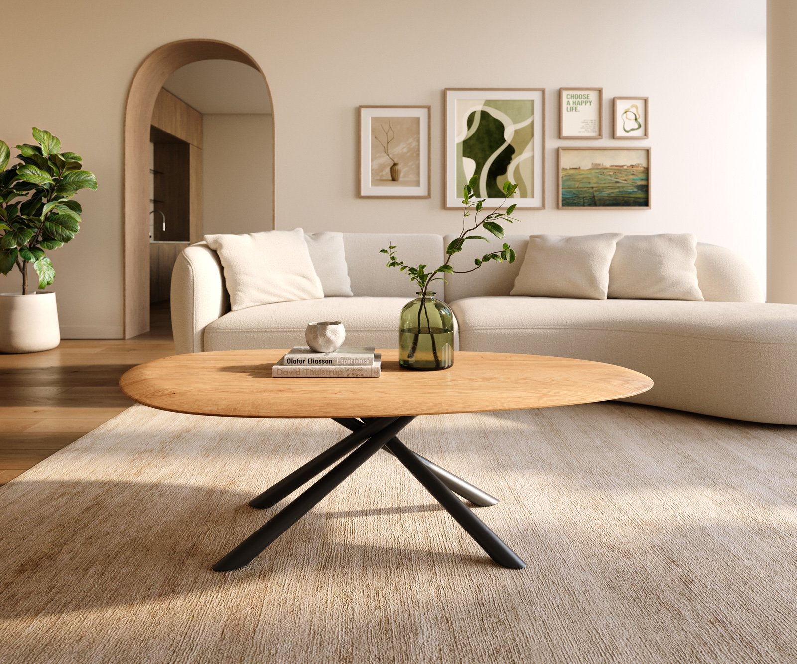 Konferenčný stolík Edge oválny 140x75 cm dub prírodný okrúhla hrana Sarity kov čierna - Image 2