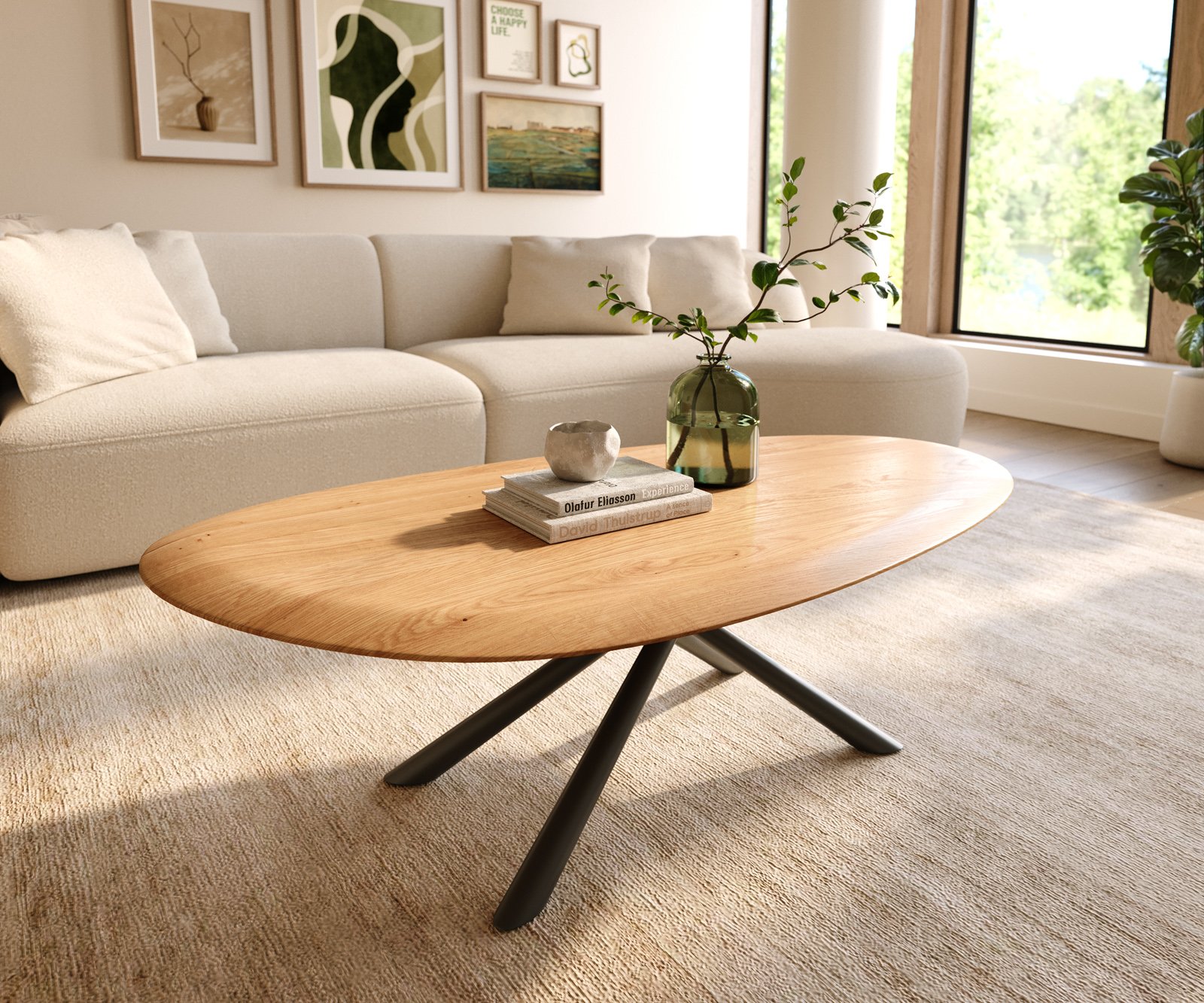 Konferenčný stolík Edge oválny 140x75 cm dub prírodný okrúhla hrana Sarity kov čierna