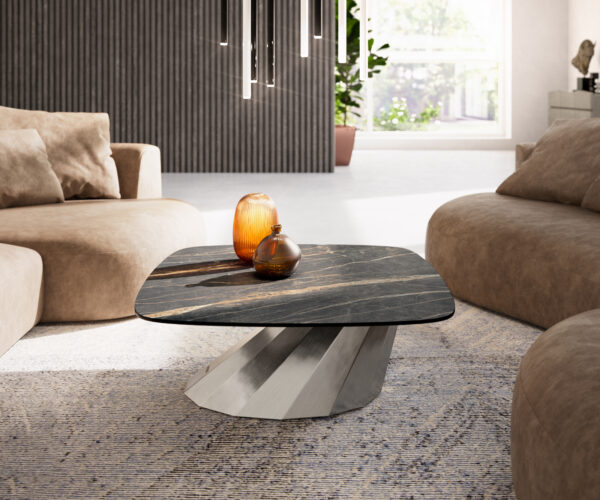 Konferenčný stolík Edge zaoblený tvar 90x90 cm keramika Laminam® Noir Desir hnedá Parabi nerezová oceľ kefovaná - Image 2