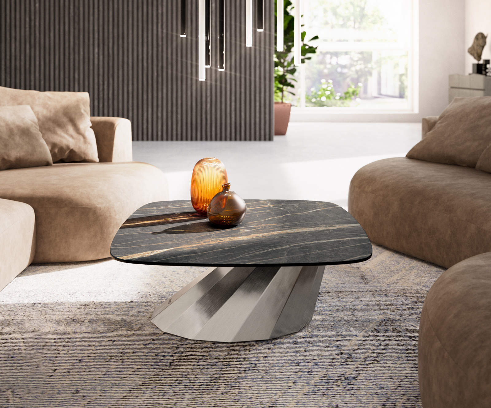 Konferenčný stolík Edge zaoblený tvar 90x90 cm keramika Laminam® Noir Desir hnedá Parabi nerezová oceľ kefovaná - Image 2