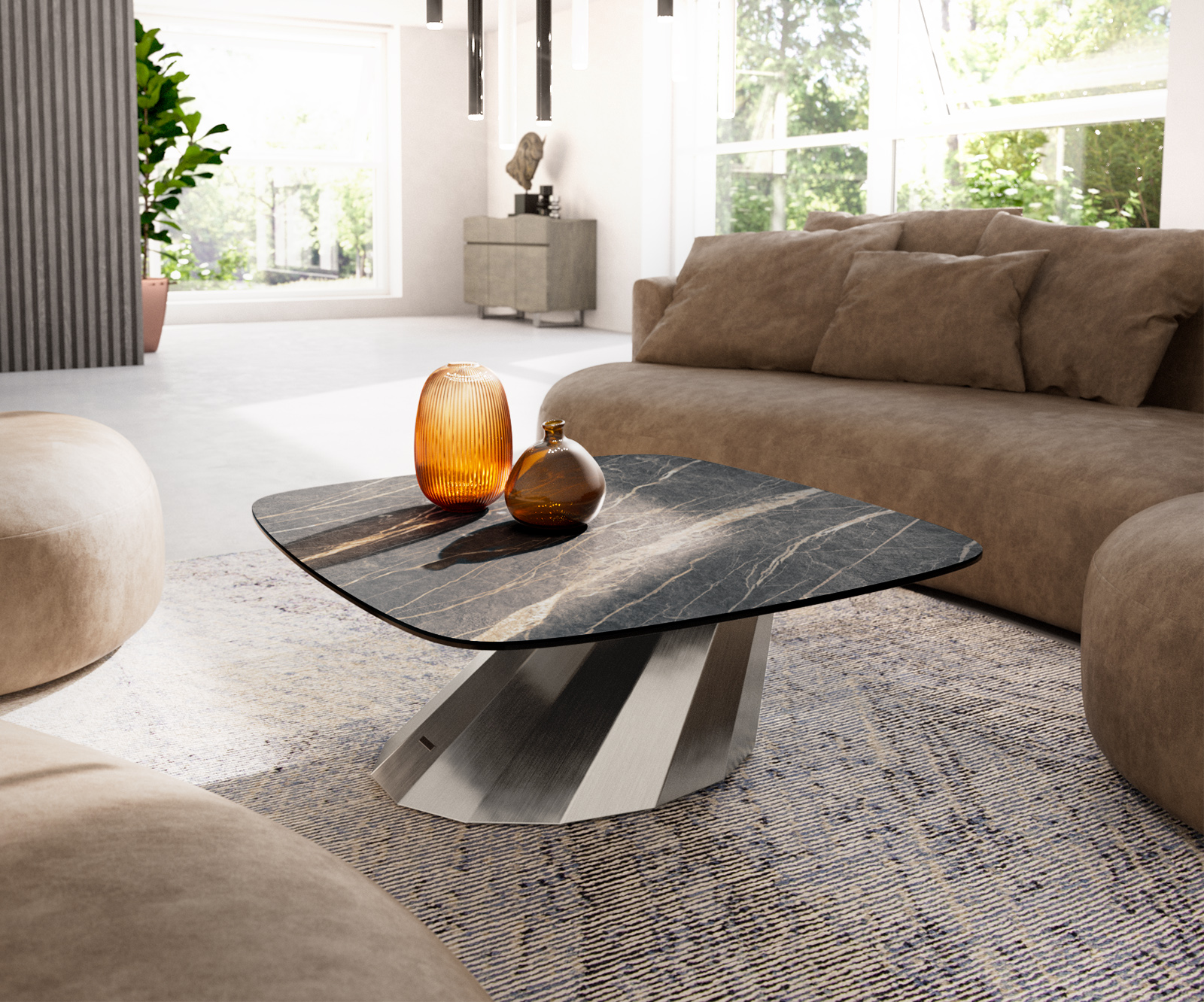 Konferenčný stolík Edge zaoblený tvar 90x90 cm keramika Laminam® Noir Desir hnedá Parabi nerezová oceľ kefovaná