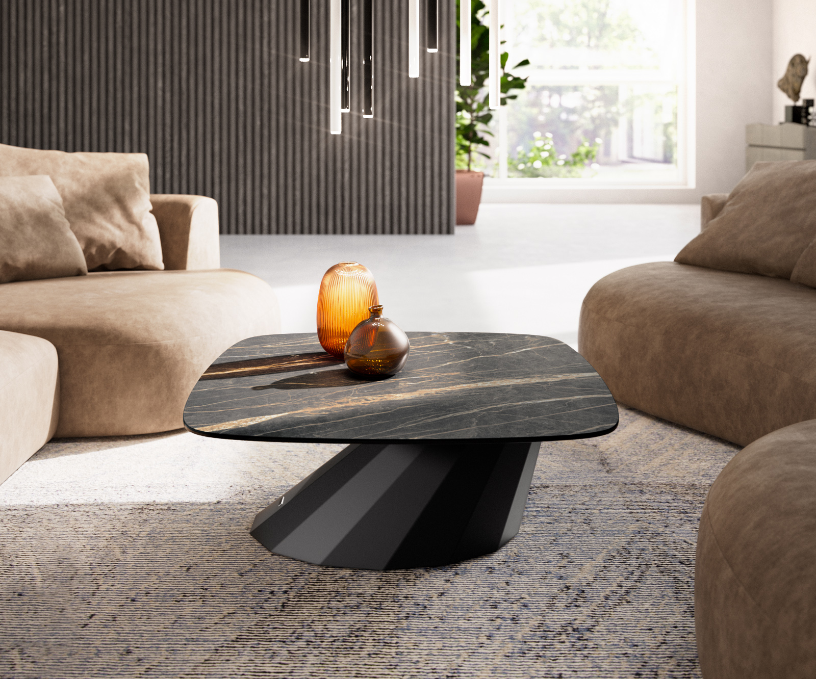 Konferenčný stolík Edge zaoblený 90x90 cm keramika Laminam® Noir Desir hnedá Parabi kov čierna - Image 2